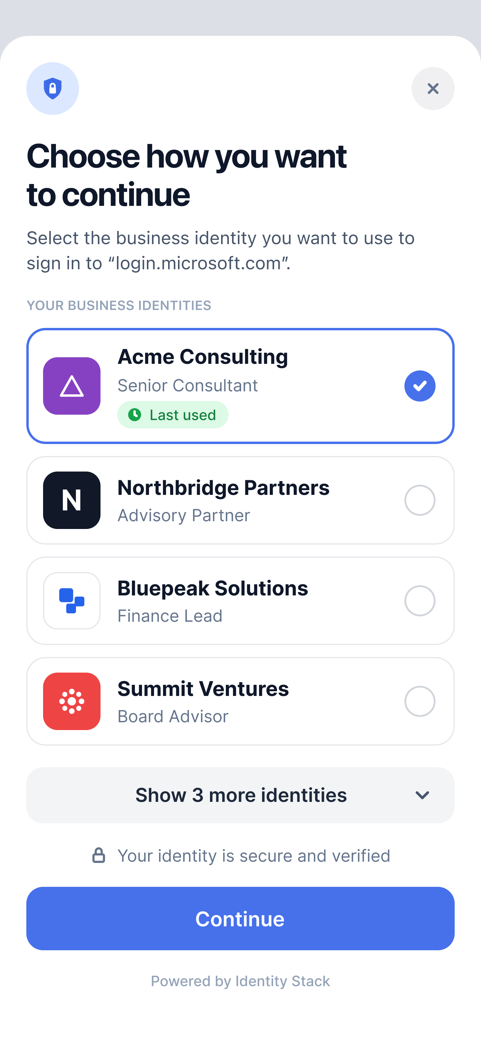 BusinessID credential provider showing business identities available for Microsoft sign-in